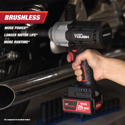 Hyper Tough 20V Max Brushless 1/2-inch High-Torque Cordless Impact Wrench with 4.0Ah Lithium-Ion Battery and Charger