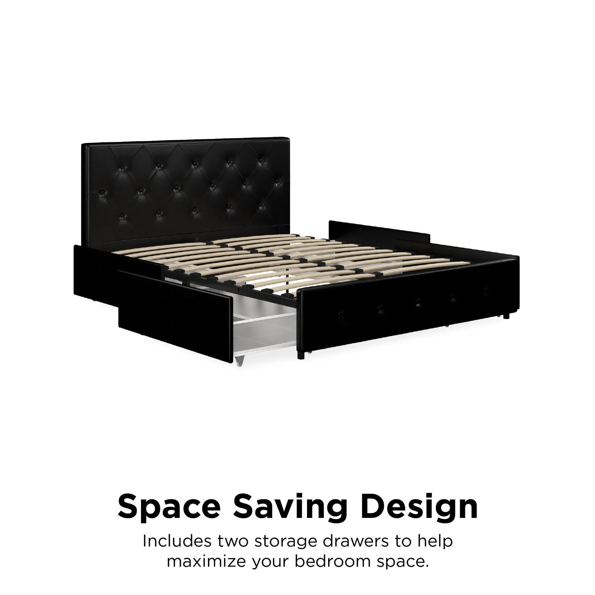River Street Designs Dean Upholstered Bed With Storage, Black Faux Leather, Queen