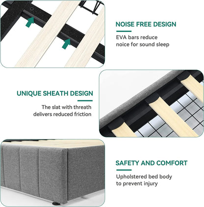 Dextrus Upholstered Platform Bed Frame with 4 Storage Drawers and Adjustable Headboard, Mattress Foundation with Sturdy Wood Slat Support, No Box Spring Needed, Grey(Queen)