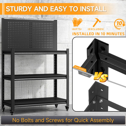 Workbench with Pegboard, 48" H Heavy Duty Steel Tool Workbench with Wheels, Metal Tool Work Bench for Garage Warehouse Workshop