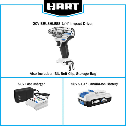 HART 20-Volt Cordless Brushless Impact Driver Kit, Gen 2, 1/4" Hex Collet