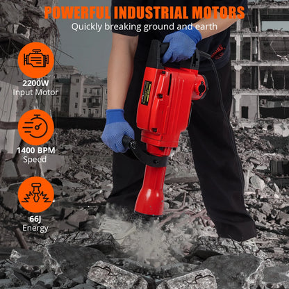 3-piece set 65A 1700W 4 110 Hammer Drill 2200w Electric Demolition Jackhammer Set - Jack Hammer Powerful Performance, 2 Chisels, Gloves, Tool Box, Wrench. Ideal For Superior Demolition Jobs