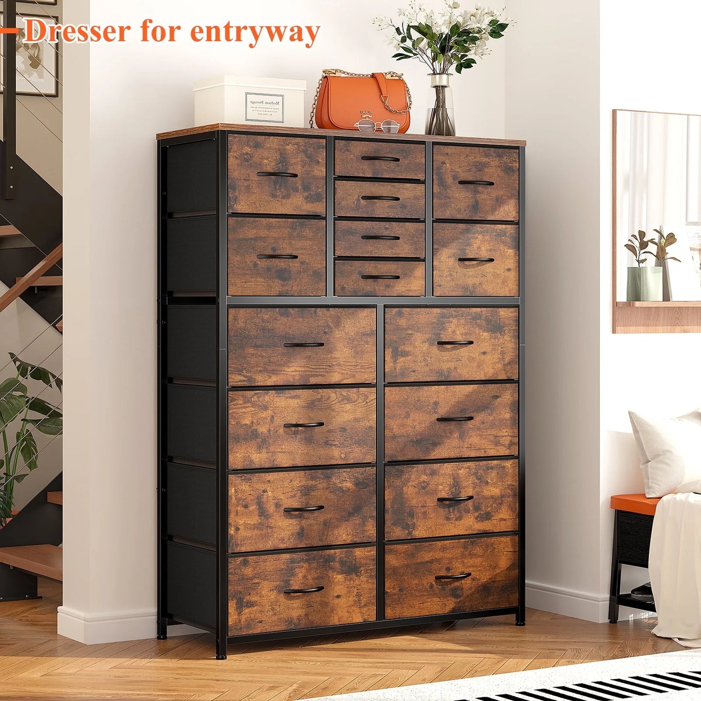 EnHomee Large Dresser for Bedroom Furniture Dresser with 16 Drawers Fabric Tall Dresser Closet Dresser Chest of Drawers Clothes Storage Slim for Living Room Office, Rustic Brown Wood Grain Print
