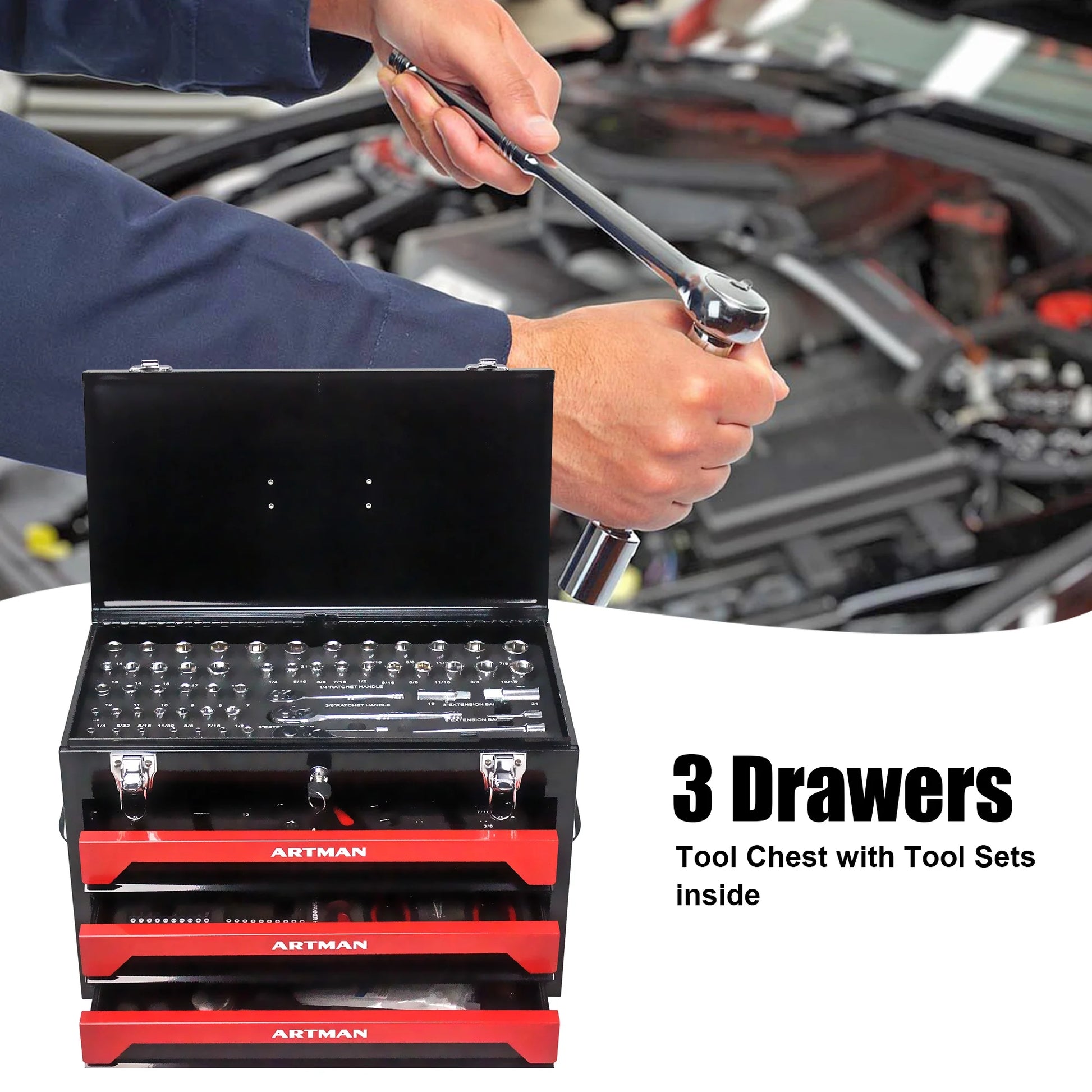 Tool Box with Tool Set, 3 Drawers Metal Toolbox Portable Tool Chest Organizer with Ball-Bearing Drawer