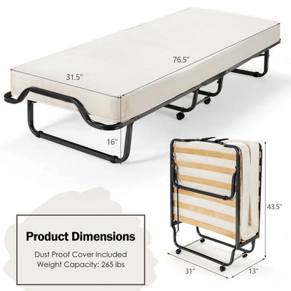 Folding Rollaway Bed, Metal Frame Bed Storage Cover Included, Portable Foldable Guest Bed for Adults, Cot Size Fold up Bed with Memory Foam Mattress on Wheels 76.5" x 31.5" x 16"