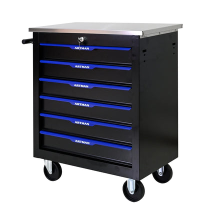 Tool Chest, 6-Drawer Rolling Tool Storage Cabinet with Wheels, Detachable Lockable Tool Box, Metal Tool Cart for Garage Workshop, Black Blue