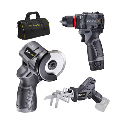 Durofix G12 Series RK12136-2-K2 12V Cordless 3/8" Hammer Drill Power Tool Combo Kit with 3 Inch Compact Cut Off Tool, Reciprocating Saw, 1 Battery & Charger