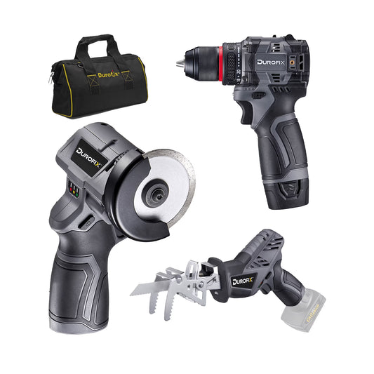 Durofix G12 Series RK12136-2-K2 12V Cordless 3/8" Hammer Drill Power Tool Combo Kit with 3 Inch Compact Cut Off Tool, Reciprocating Saw, 1 Battery & Charger