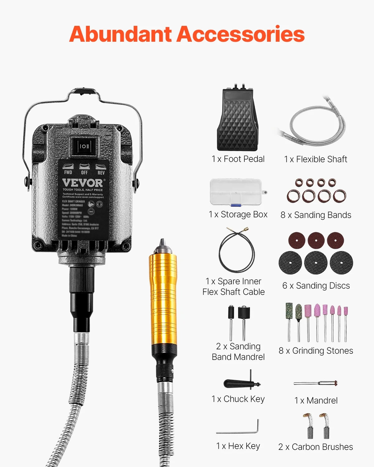 VEVOR Flex Shaft Grinder, 1000W 30,000RPM Electric Flex Shaft Rotary Tool Carver, Multi-functional Hanging Grinding Machine with 31PCS Accessories & Foot Pedal for Carving Buffing Drilling Polishing