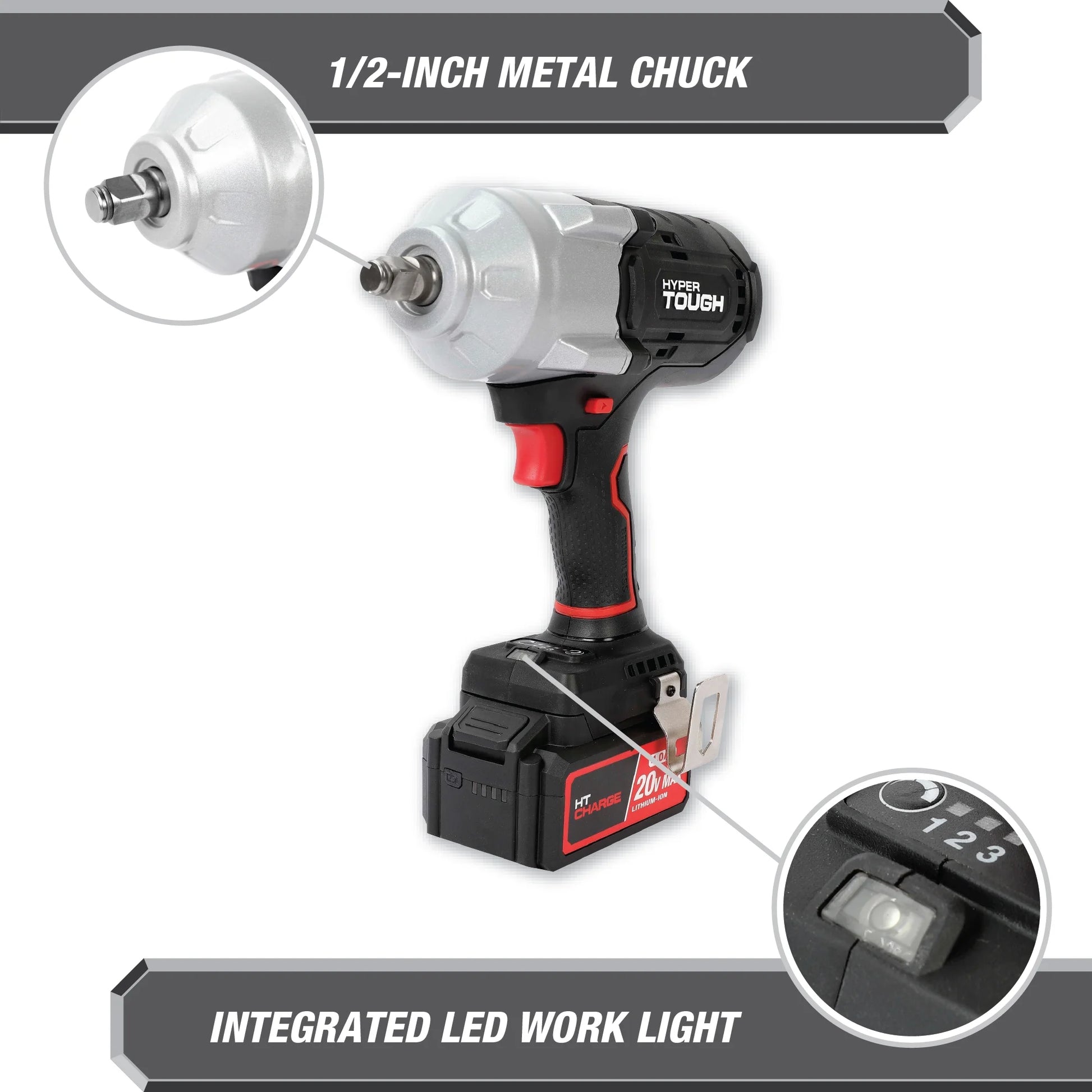 Hyper Tough 20V Max Brushless 1/2-inch High-Torque Cordless Impact Wrench with 4.0Ah Lithium-Ion Battery and Charger