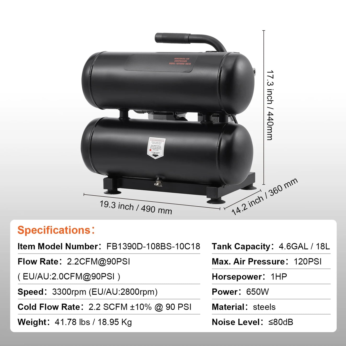 KFFKFF Air Compressor with 4.6 Gallon Steel Tank, 1HP & 2.2 CFM@90 PSI, Oil-Free Operation & Maximum 120PSI, 80dB Quiet Portable Unit for Auto Maintenance, Tire Filling, and Spray Paint Jobs