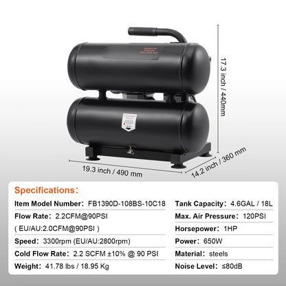 KFFKFF Air Compressor with 4.6 Gallon Steel Tank, 1HP & 2.2 CFM@90 PSI, Oil-Free Operation & Maximum 120PSI, 80dB Quiet Portable Unit for Auto Maintenance, Tire Filling, and Spray Paint Jobs