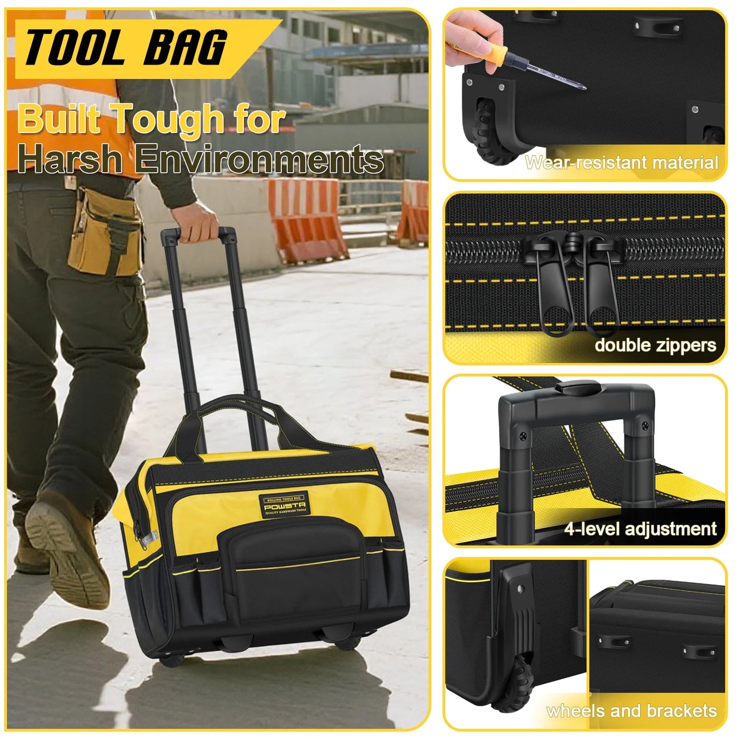 18" Rolling Tool Bag with Wheels, 15-Pocket Heavy Duty Rolling Tool Storage Bag with Retractable Handle for Construction, Carpentry, Repair