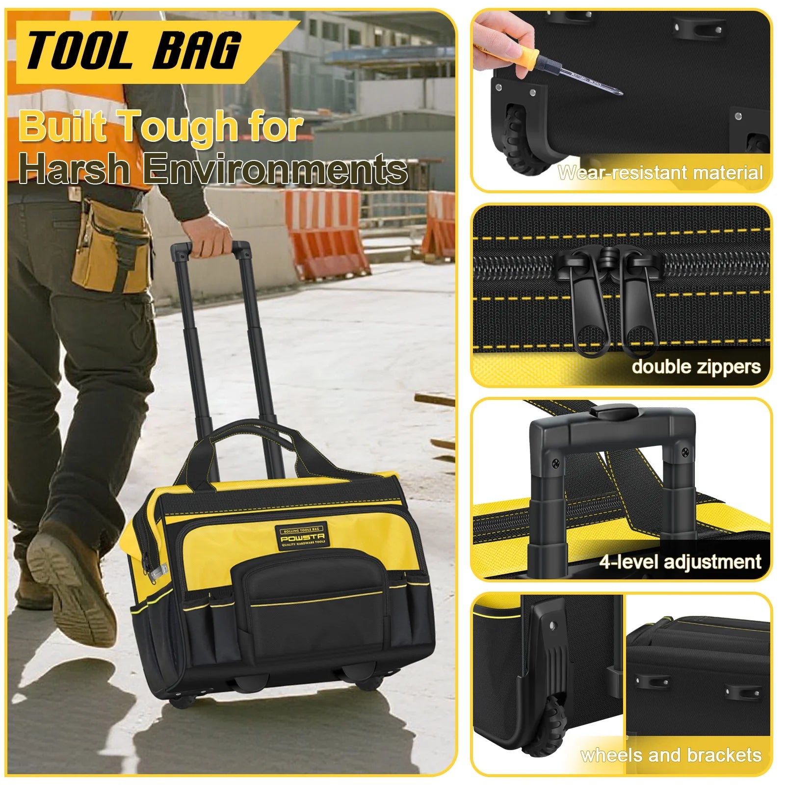 18" Rolling Tool Bag with Wheels, 15-Pocket Heavy Duty Rolling Tool Storage Bag with Retractable Handle for Construction, Carpentry, Repair
