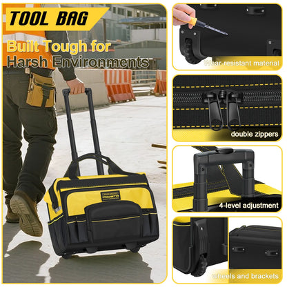 18" Rolling Tool Bag with Wheels, 15-Pocket Heavy Duty Rolling Tool Storage Bag with Retractable Handle for Construction, Carpentry, Repair