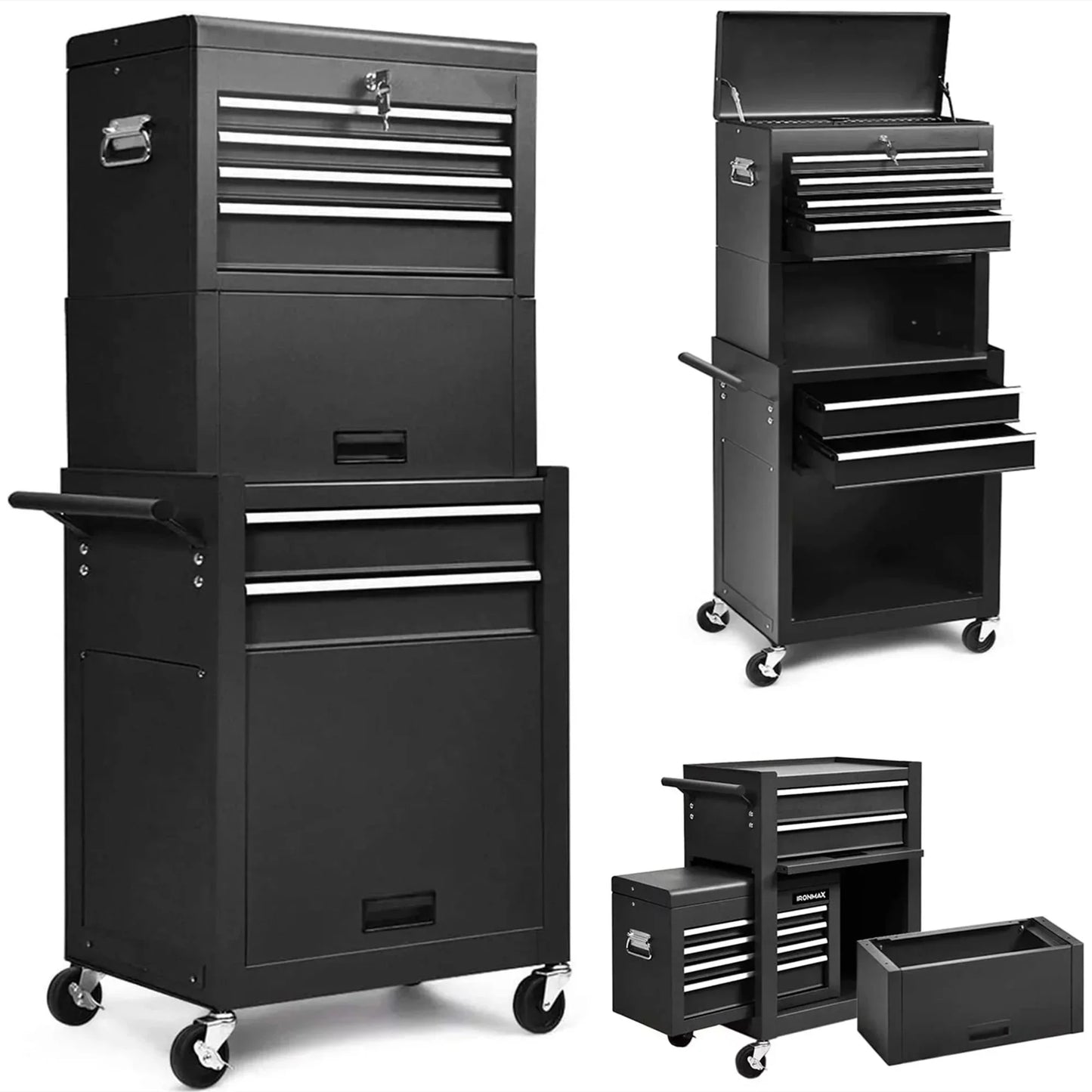 Aukfa Tool Box, 3 in 1 Steel Rolling Tool Chest w/6-Drawers & 2 Cabinet for Garage Workshop, Black