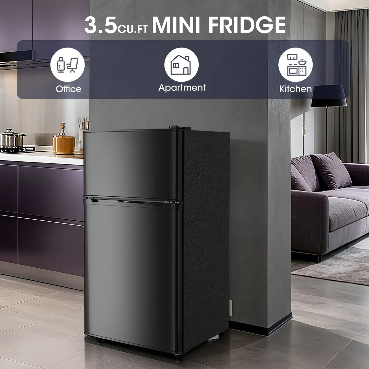 Manastin 3.5 Cu.ft Mini Fridge with Freezer, Adjustable Thermostat, Low Noise, Removable Glass Shelves, 2 Door Small Refrigerator for Kitchen, Office, Bedroom,Black