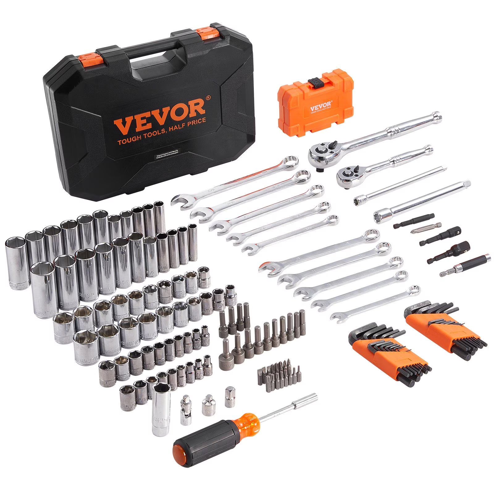 HCY Mechanics Tool Set and Socket Set, 1/4" and 3/8" Drive Deep and Standard Sockets, 145 Pcs SAE and Metric Mechanic Tool Kit with Bits, Combination Wrench, Hex Wrenches, Accessories, Storage Case