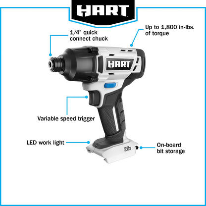 HART 20-Volt Cordless Impact Driver Kit, (1) 1.5Ah Lithium-Ion Battery, Hex Chuck, Gen 2
