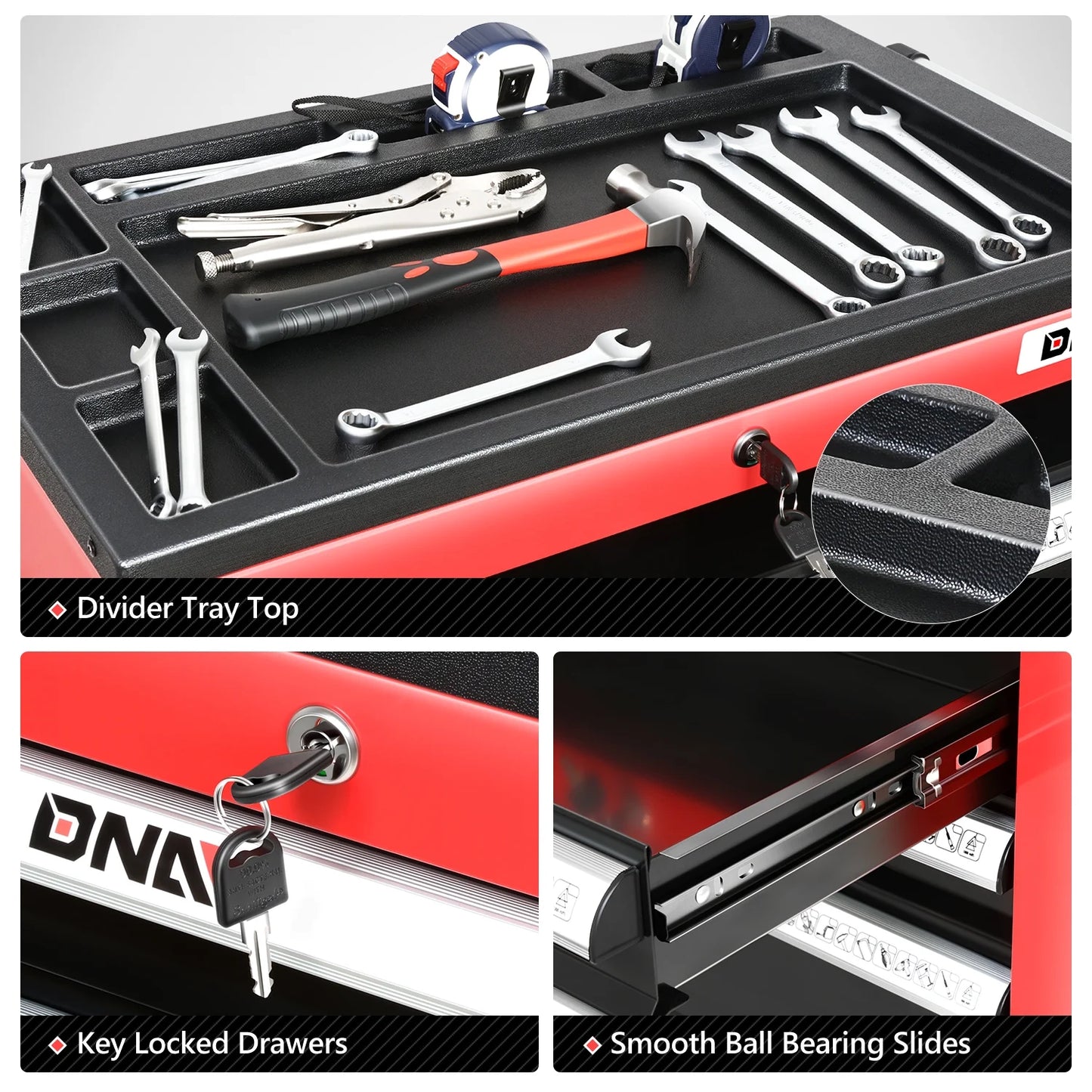 DNA Motoring TOOLS-00401 6 Drawers Garage Warehouse Workshop Plastic Top Tray Rolling Cabinet Chest Red With Swivel Casters