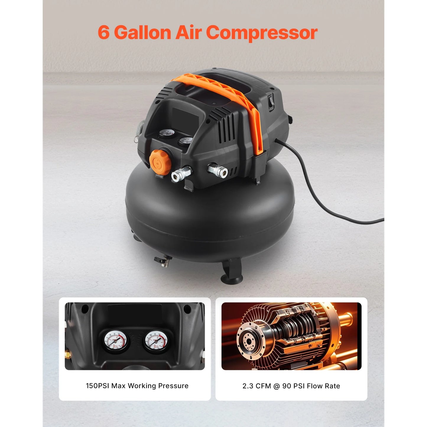 KFFKFF 6-Gallon Portable Air Compressor, 1.7HP with 2.3CFM@90PSI, 150PSI Max Pressure, Includes 12-Piece Accessory Kit and 50FT Air Hose for Inflation, Painting, and Nailing