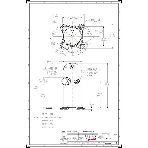 Danfoss HRH051U2LP6 Scroll Compressor 52.200 Btu R410, 230 V, 3 Ph ,60 Hz 121L1466