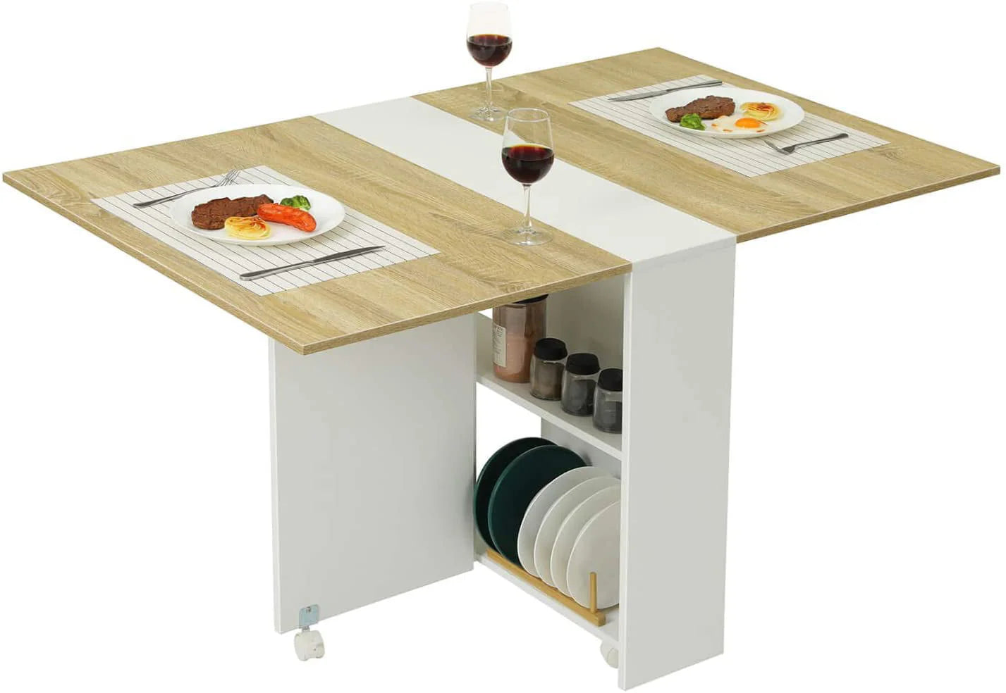 Folding Dining Table with 2 Storage Racks, Multifunction Expandable Table with 6 Wheels,Drop Leaf Table for Kitchen Bedroom Living Room, White