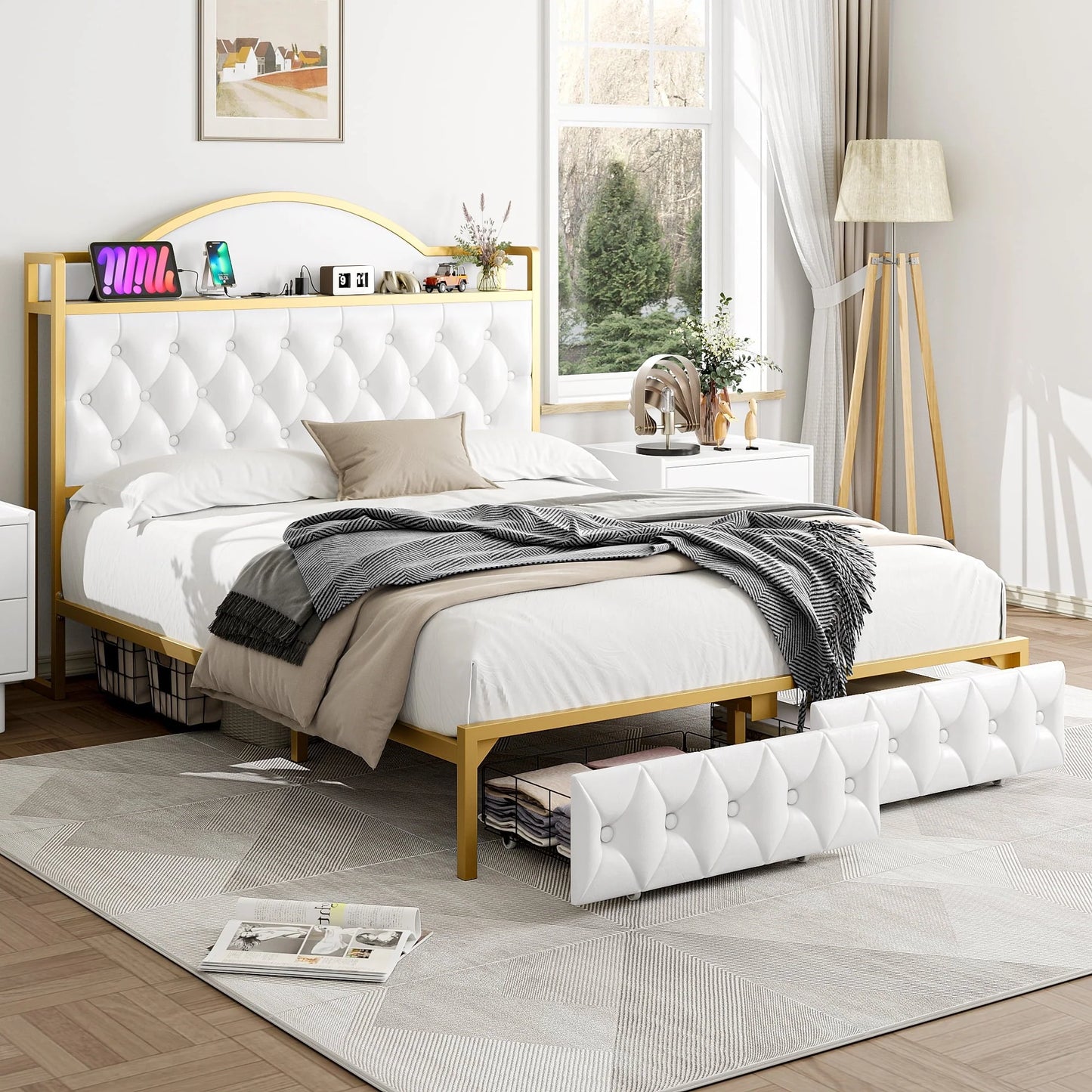 Homfa Queen Size Storage Bed with 2 Drawers, PU Leather Upholstered Bed with Shelving and Charging , White