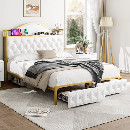 Homfa Queen Size Storage Bed with 2 Drawers, PU Leather Upholstered Bed with Shelving and Charging , White