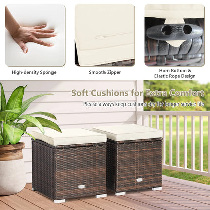 Costway 2PC Patio Rattan Ottoman Seat Side Table Storage Box Footrest Off White