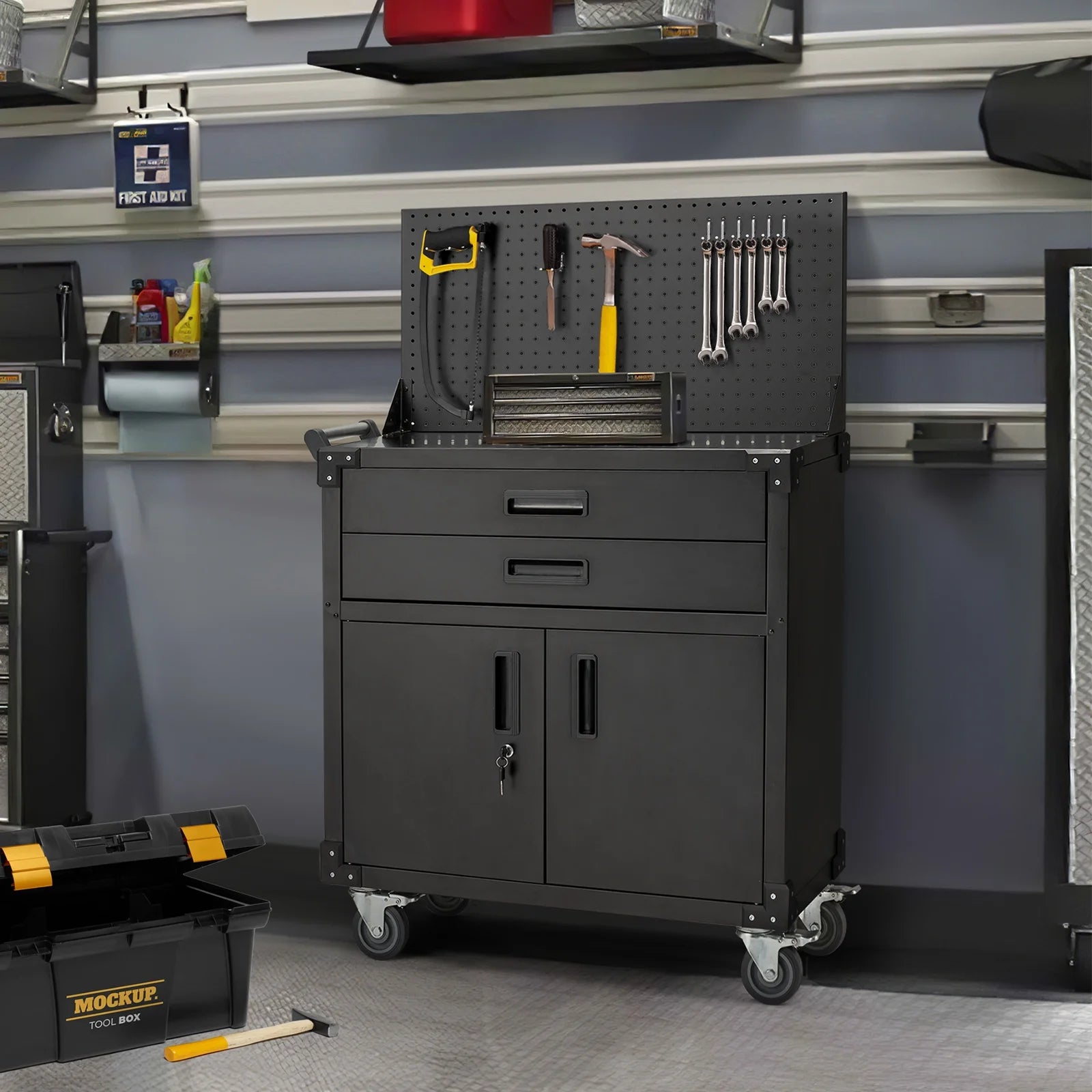 AECOJOY Metal Steel Mobile Tool Cart with Storage Drawer Tool Chest On Wheels Tool Box Garage Organizer for Workshop Warehouse Garage, Black Handle