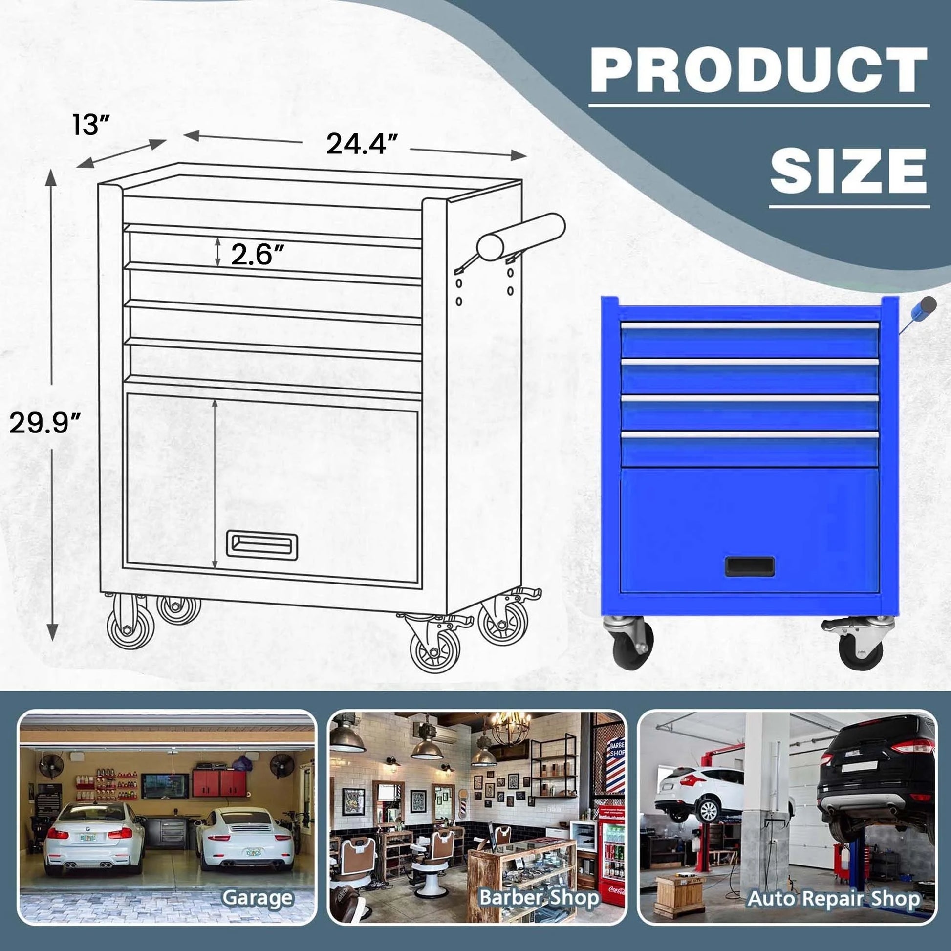 Aukfa Tool Chest, 24.5 in Steel Rolling Tool Box & Cabinet On Wheels for Garage, 4-Drawer, Blue