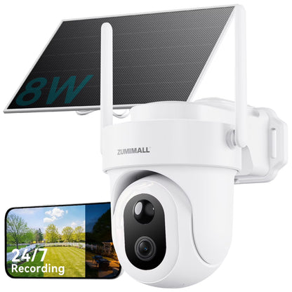 ZUMIMALL 8W Solar Security Camera,AOV 24/7 Recording,360? View Wireless Outdoor Camera,Rechargeable Battery Powered,2K Color Night Vision, 2-Way Talk, 2.4GHz WiFi, Auto Tracking,White