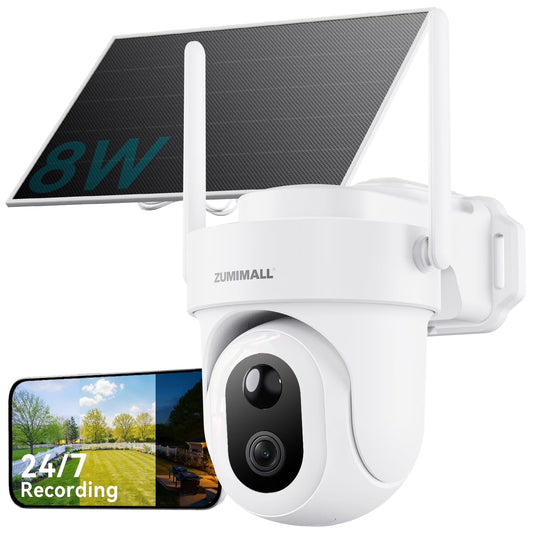 ZUMIMALL 8W Solar Security Camera,AOV 24/7 Recording,360? View Wireless Outdoor Camera,Rechargeable Battery Powered,2K Color Night Vision, 2-Way Talk, 2.4GHz WiFi, Auto Tracking,White