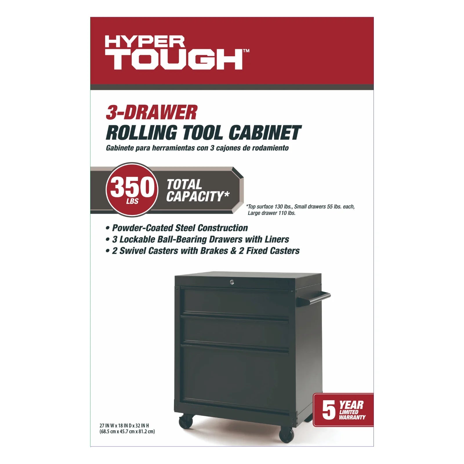 Hyper Tough 27-inch 3-Drawer Rolling Tool Cabinet, Black