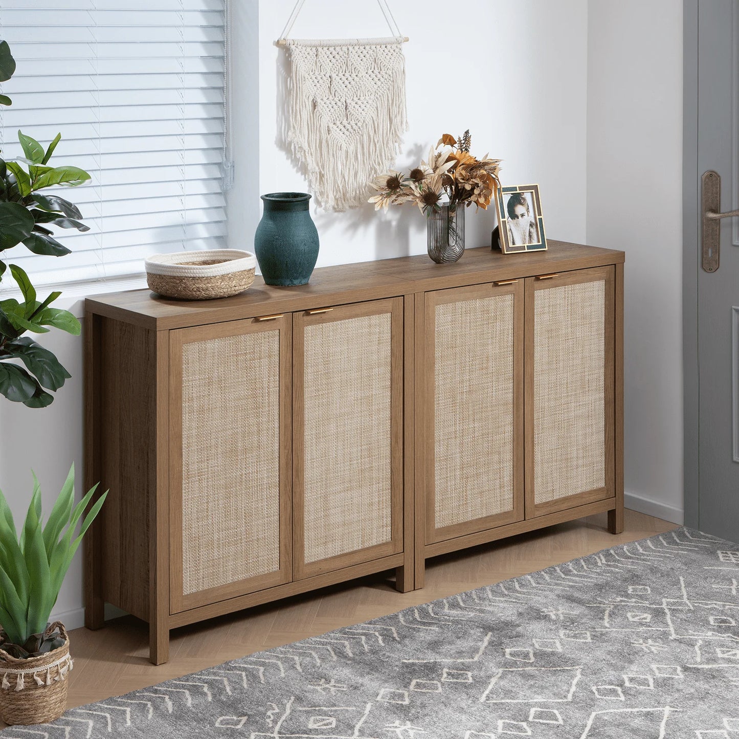 SICOTAS Sideboard Buffet Cabinet, Kitchen Cupboard Storage Cabinet with Rattan Doors and Shelves for Kitchen, Living Room, Bedroom