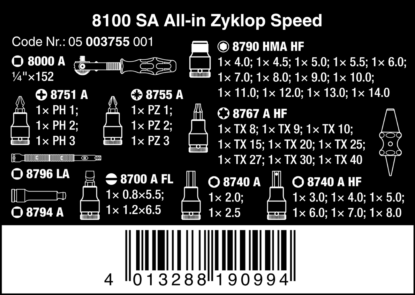 Wera 003755 8100 SA All-in Zyklop Speed Ratchet Set, 1/4" Drive with Holding Function - Metric