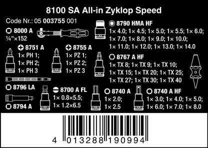 Wera 003755 8100 SA All-in Zyklop Speed Ratchet Set, 1/4" Drive with Holding Function - Metric