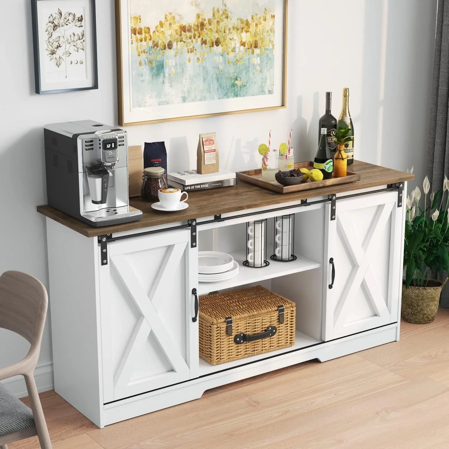 Catrimown Farmhouse Coffee Bar Cabinet with Storage, 58" Sideboard Buffet Cabinet with Storage, Sideboard Cabinet for Living Room, White