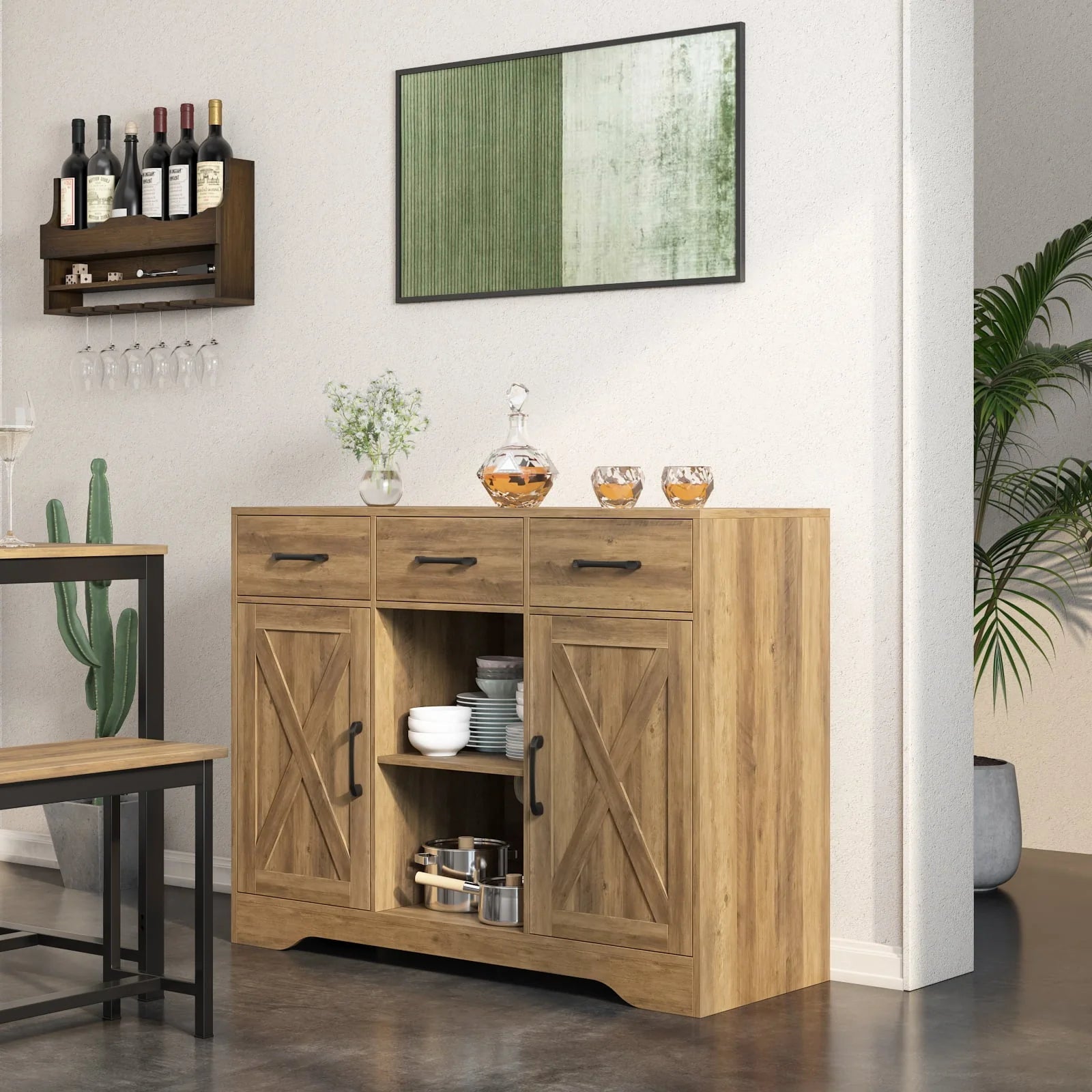 Homfa 41.7'' Wide 3 Drawer Brown Wood Sideboard, 3 Drawer Kitchen Buffet with 2 Doors, Storage Cabinet with 2-Tier Adjustable Shelves for Living Room
