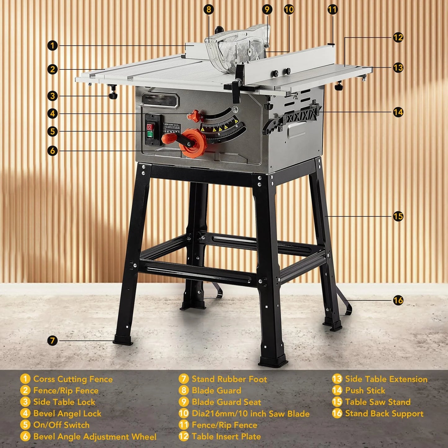 Garvee 10" Table Saw - 15A Electric Table Saw with Metal Stand, 90? Cross Cut & 0-45? Bevel Cut, Cutting Speed Up to 5000RPM Multifunctional Saw Adjustable Blade Height for Woodworking,Gray
