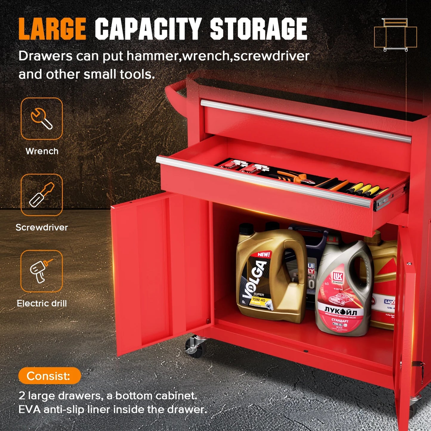 2-IN-1 Tool Chest & Cabinet, Large Capacity 8-Drawer Rolling Tool Box Organizer with Wheels Lockable, Red