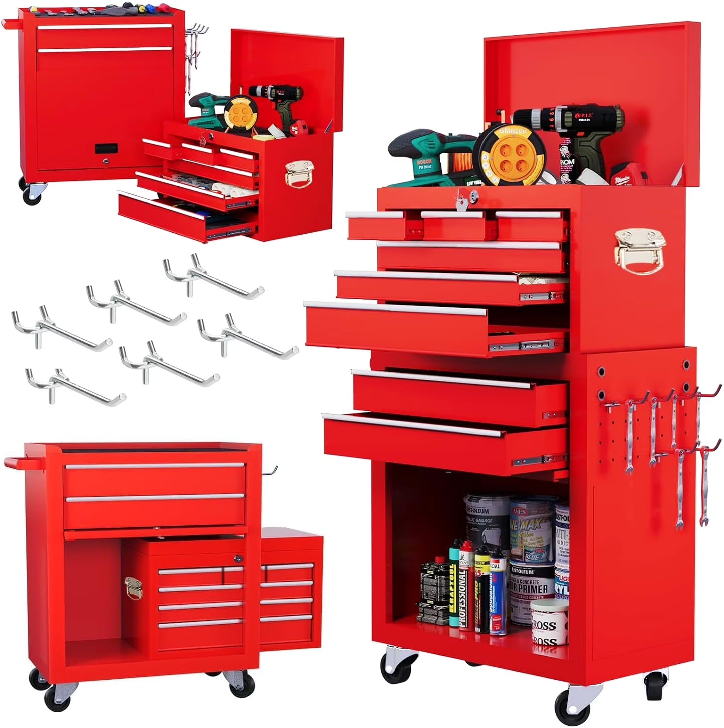 Artbros 8-Drawer Rolling Tool Chest, Large Tool Cabinet with Wheels, Detachable Toolbox Storage for Garage, Repair Shop, Workshop, Black