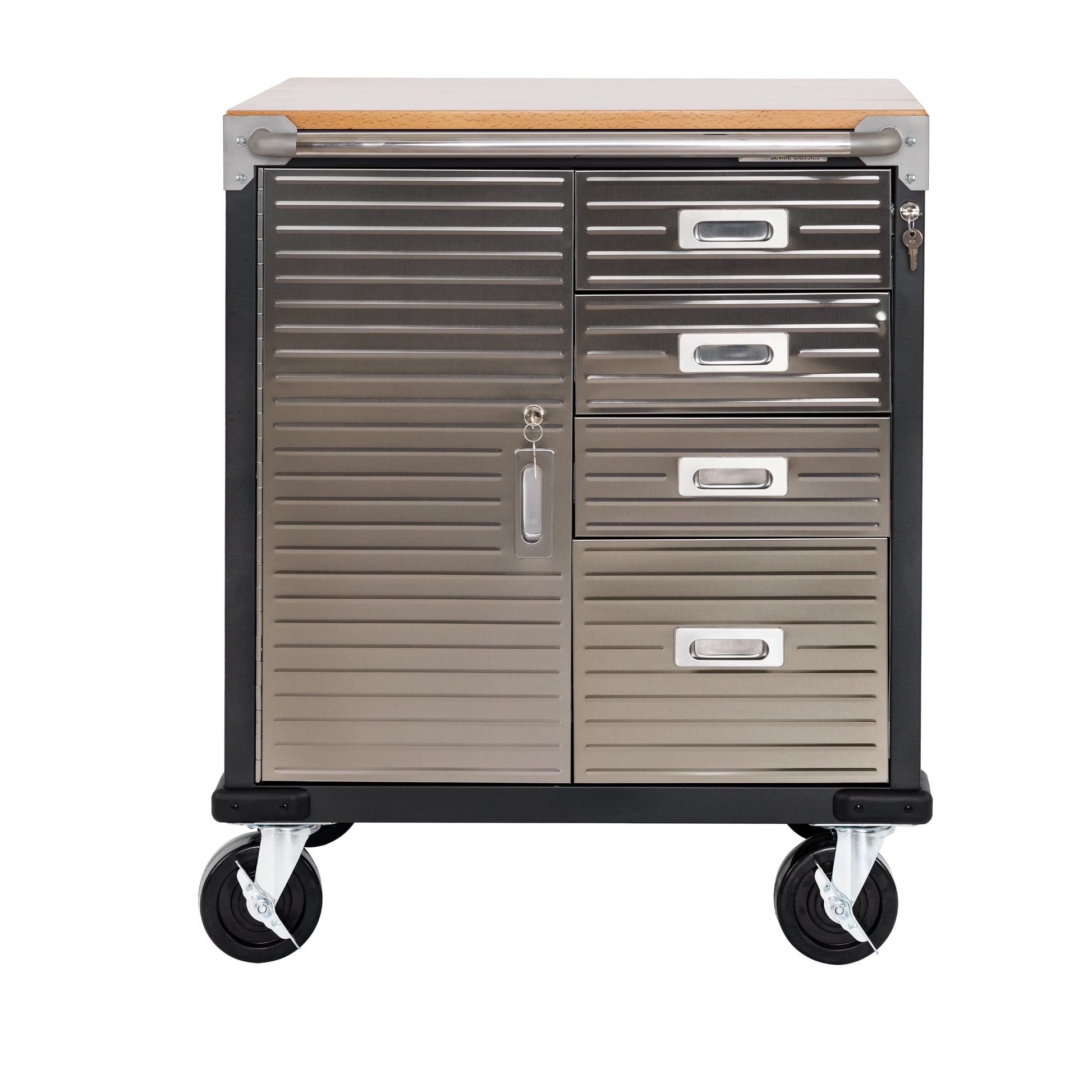 Seville Classics UltraHD Heavy Duty Rolling Cabinet Workbench Table w/Solid Wood Top, Workstation for Garage, Office, Workshop, White, 1-Door, 4-Drawer (28" W x 25" D)