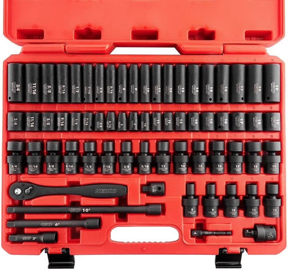 NEIKO 02471A Impact Socket Set, 3/8? Drive, 67 Piece, Metric and Standard Master Socket Set with Shallow & Deep Sockets, Ratchet, Swivel Sockets, Extension Bars, Adapters, Cr-V & Cr-Mo