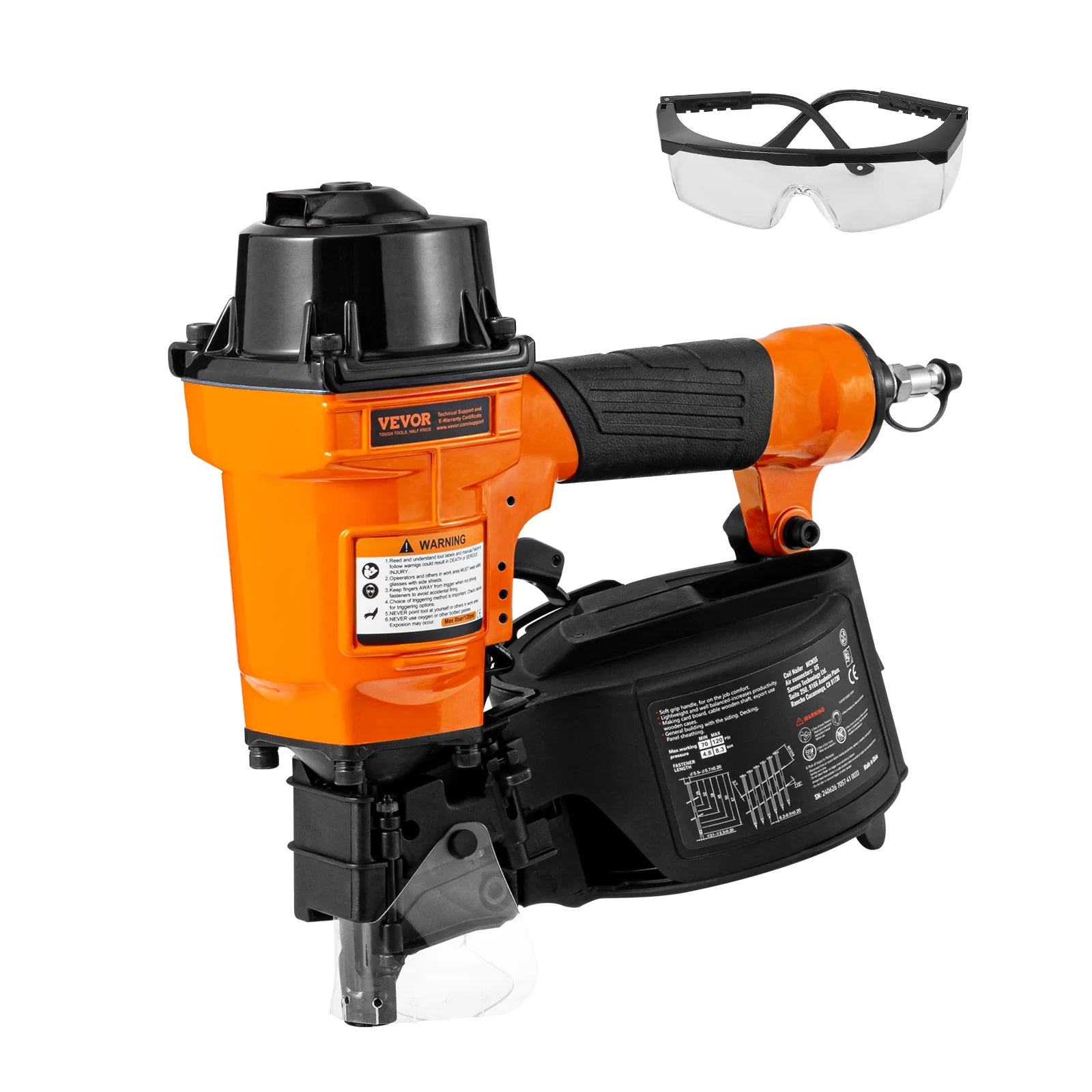 VEVOR Coil Siding Nailer MCN55, 1 inch to 2-1/4 inch 15 Degree Pneumatic Siding Nail Gun, 70-120PSI Air Coil Nailer for Siding, Pallet Sheathing, Fencing, Decking