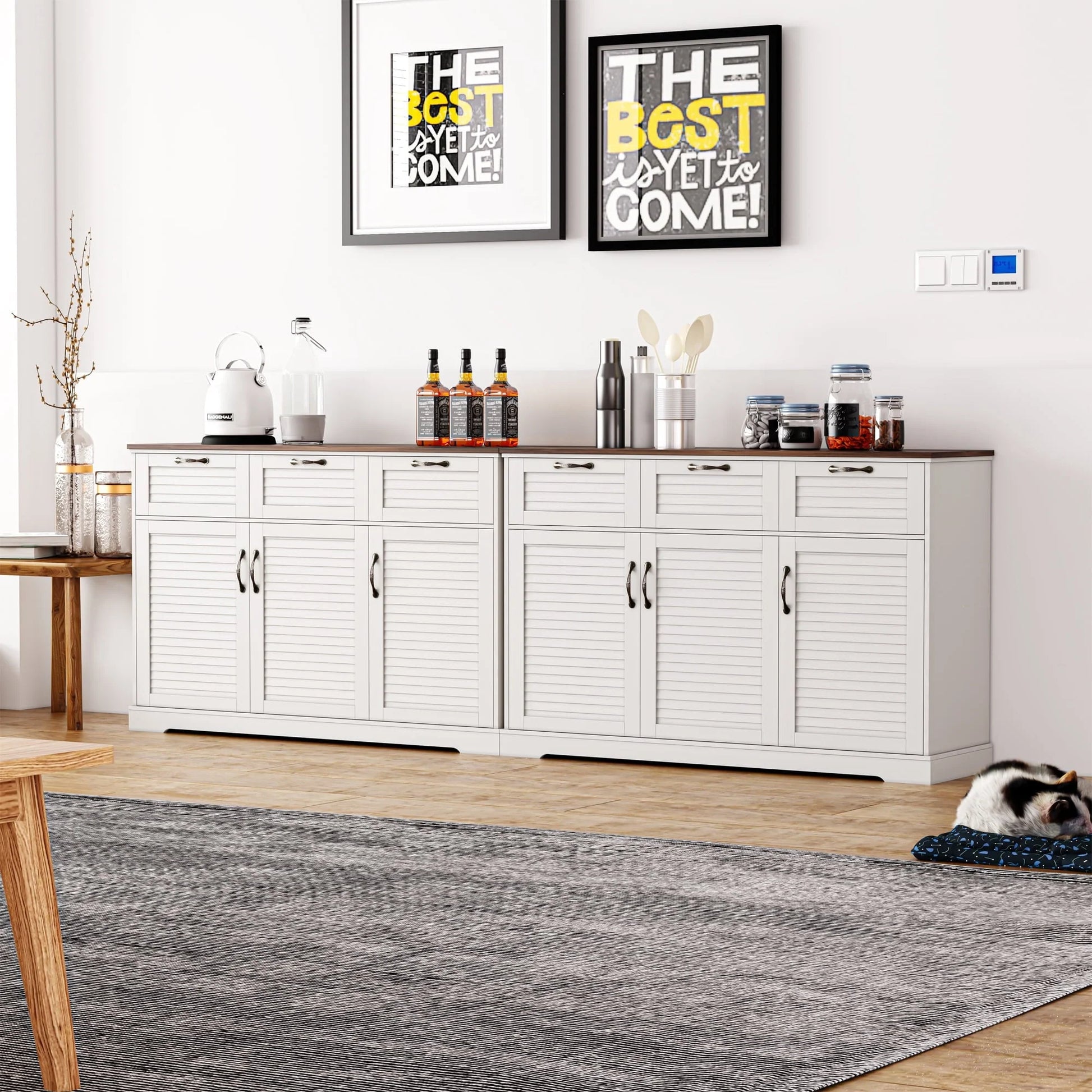 Homfa 53.5'' 3 Drawer Kitchen Buffet Cabinet with Adjustable Shelves, Wood Storage Cabinet with 3 Doors for Dining Room, White