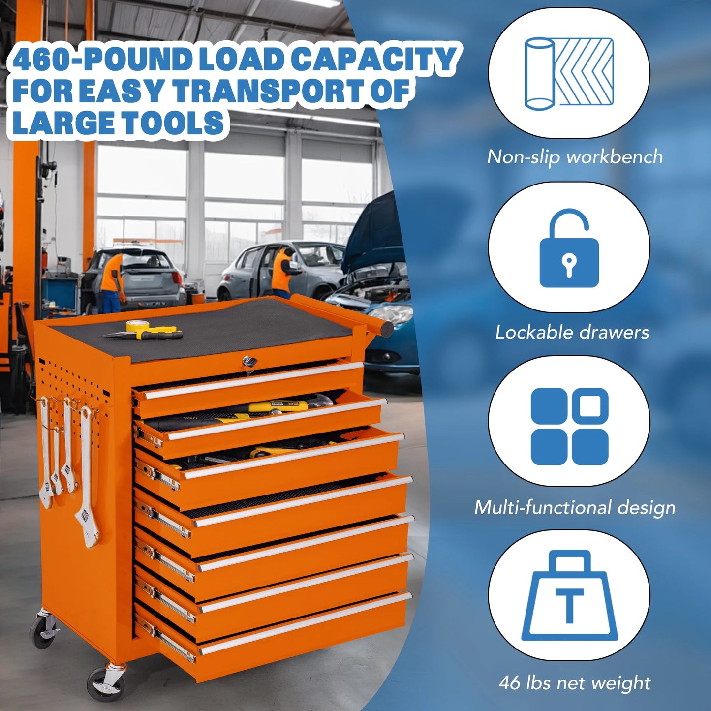 Tool Box, 7-Drawer Steel Rolling Tool Chest on Wheels for Workshop Garage, Orange