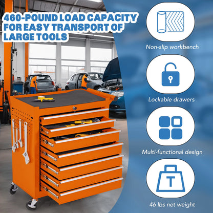 Tool Box, 7-Drawer Steel Rolling Tool Chest on Wheels for Workshop Garage, Orange
