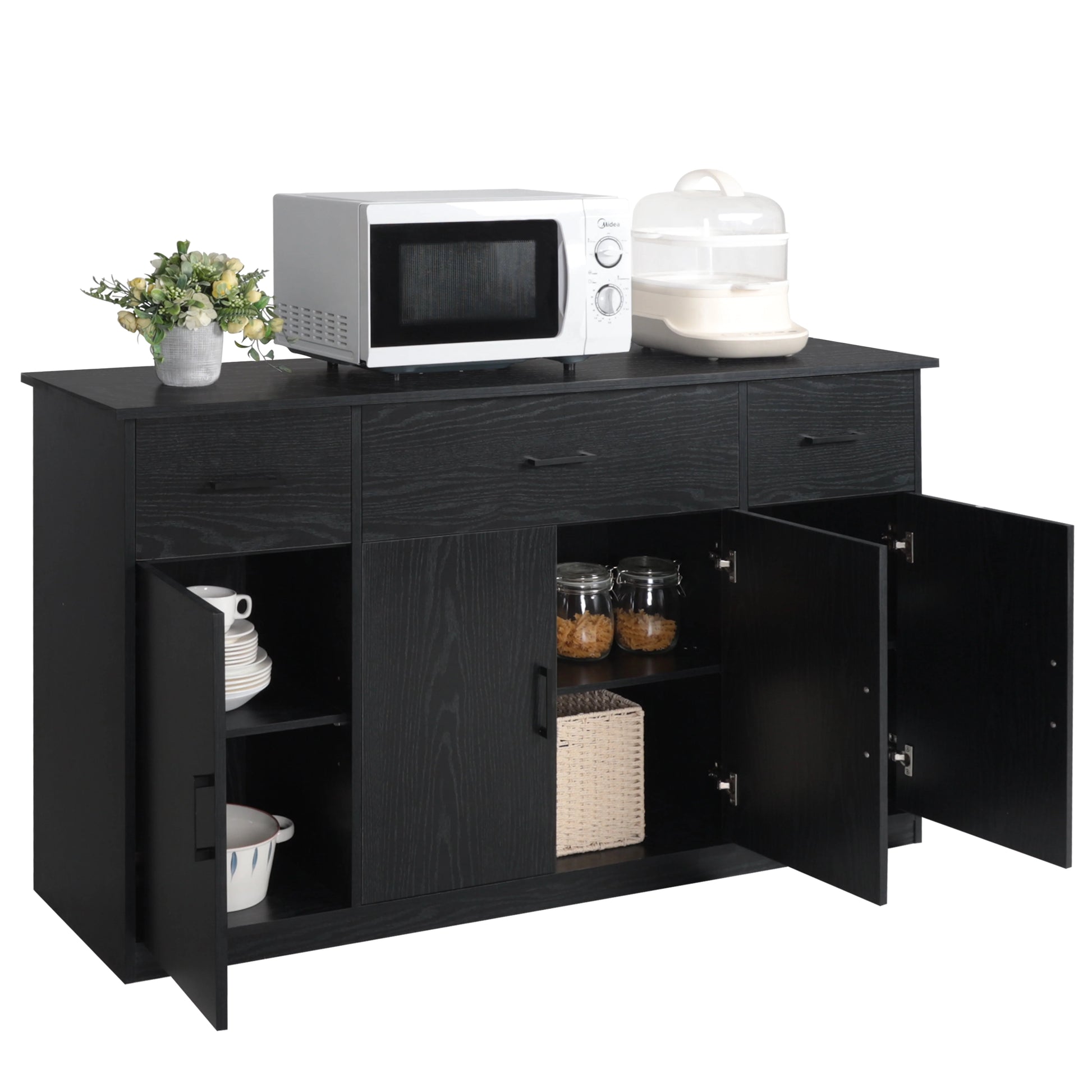 VEIKOUS Sideboard Buffet Cabinet Kitchen Cupboard Storage Cabinet with 3 Drawers and 4 Doors, Black